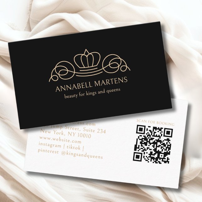 Elegant Crown Salon Black Beige QR Code Visitenkarte (Elegant Crown Salon Black Beige QR Code Business Card)