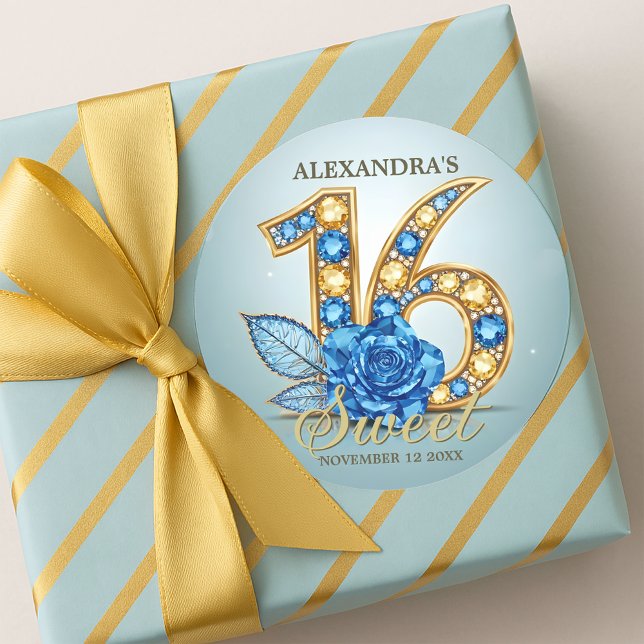 Elegant Crystal Blue Rose Gold Gemstone Sweet 16 Runder Aufkleber (Von Creator hochgeladen)