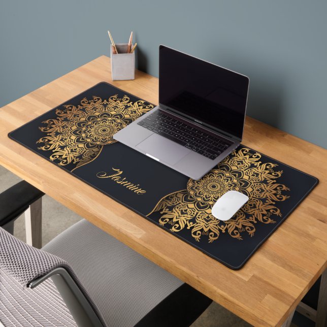 Elegant Custom Black and Gold Mandala Schreibtischunterlage (Büro 2)