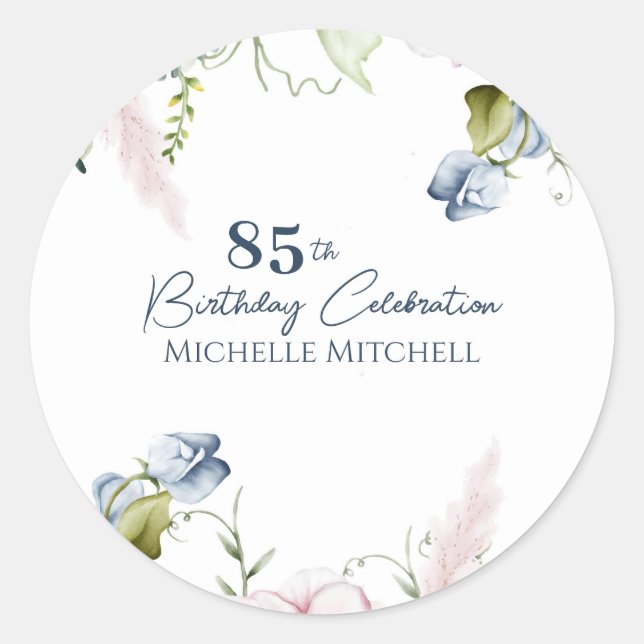 Elegant Custom Blue Pink 85. Geburtstag Runder Aufkleber (Vorderseite)