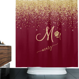 Elegant Custom Monogram Red Gold Sparkle  Duschvorhang