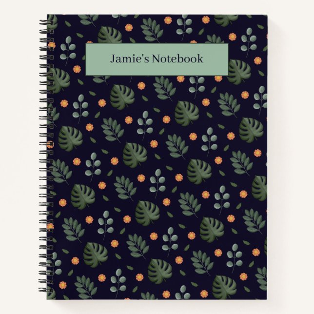 Elegant Custom Name Navy Botanical Notebook Notizbuch (Vorderseite)