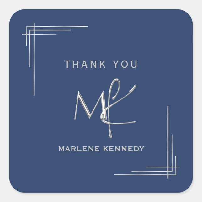 Elegant Custom Silver Monogram Navy Blue Quadratischer Aufkleber (Vorderseite)