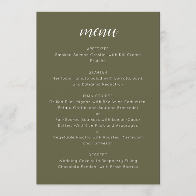 Elegant Custom Wedding Menu Template Olive Moss Menükarte (Vorderseite)