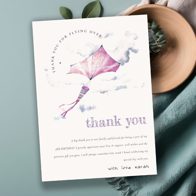 Elegant Cute Pink Flying Kite Sky Clouds Birthday Dankeskarte (Von Creator hochgeladen)