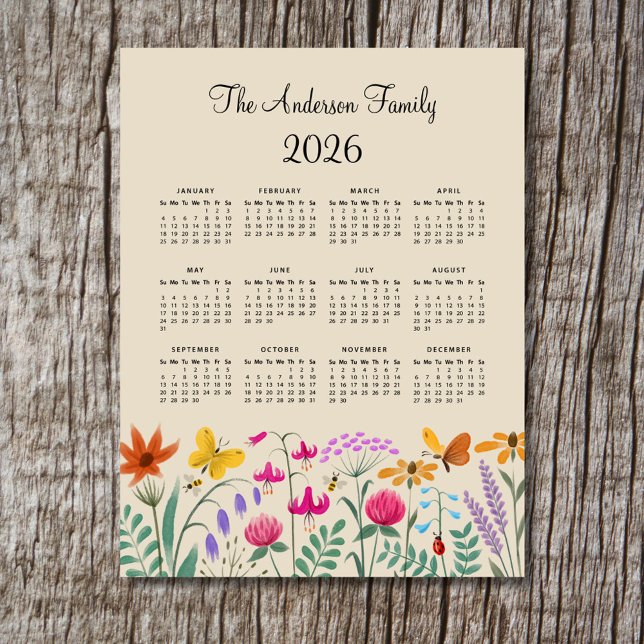 Elegant Cute Watercolor Wildflowers Calendar 2026 Magnetkarte (Von Creator hochgeladen)