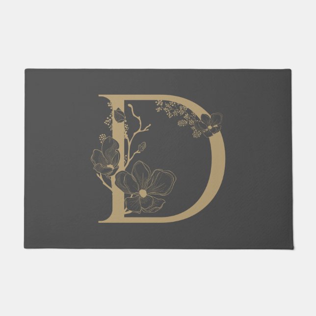 Elegant D Boho Floral Monogram Initial Gray Gold Fußmatte (Vorderseite)