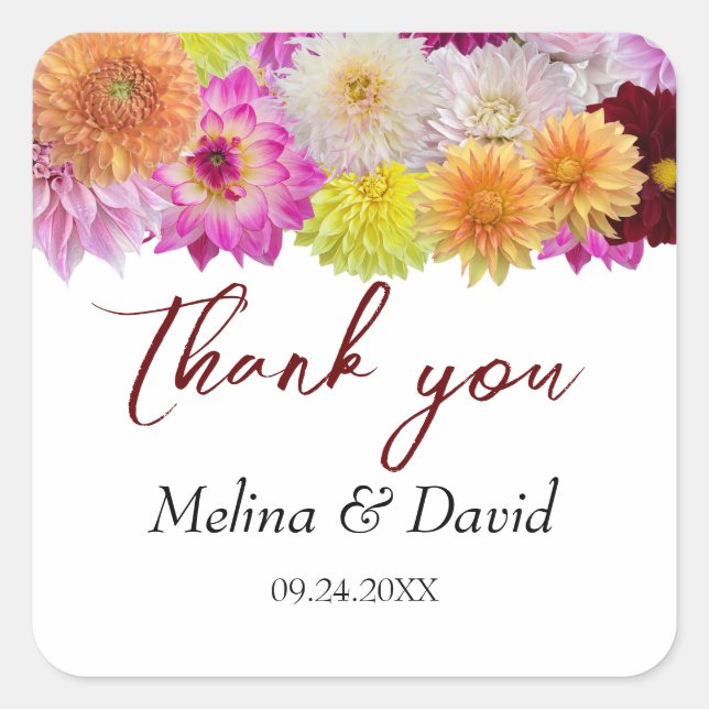 Elegant Dahlia Florals Wedding Quadratischer Aufkleber (Vorderseite)