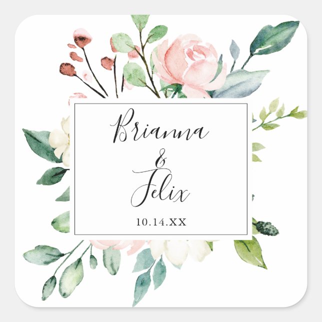 Elegant Dainty Floral Wedding Umschlag Aufklebers Quadratischer Aufkleber (Vorderseite)