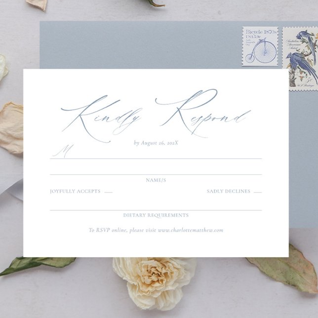 Elegant Dainty Script Dusty Blue Wedding RSVP (elegant dusty blue wedding response card, dainty script rsvp card, wedding enclosure card)