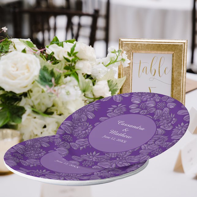 Elegant Daisies in Floral Royal Lila Wedding Pappteller (Elegant Daisies in Floral Royal Purple Wedding Paper Plates)