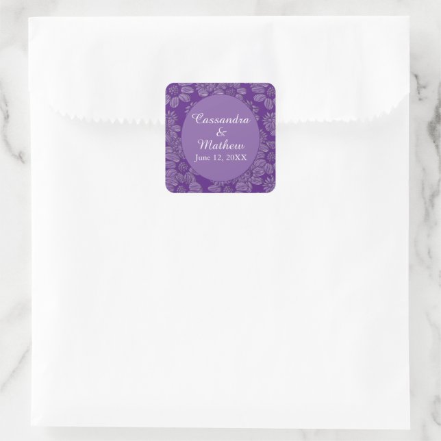 Elegant Daisies in Floral Royal Lila Wedding Quadratischer Aufkleber (Tasche)