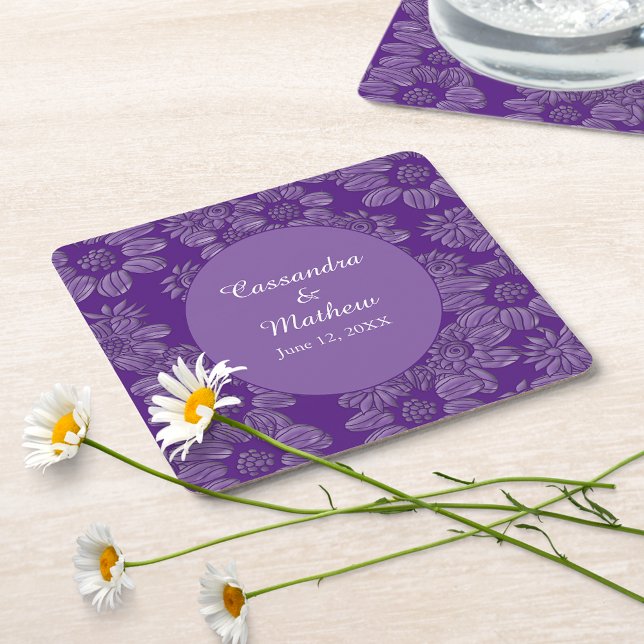 Elegant Daisies in Floral Royal Lila Wedding Rechteckiger Pappuntersetzer (Elegant Daisies in Floral Royal Purple Wedding Square Paper Coasters)