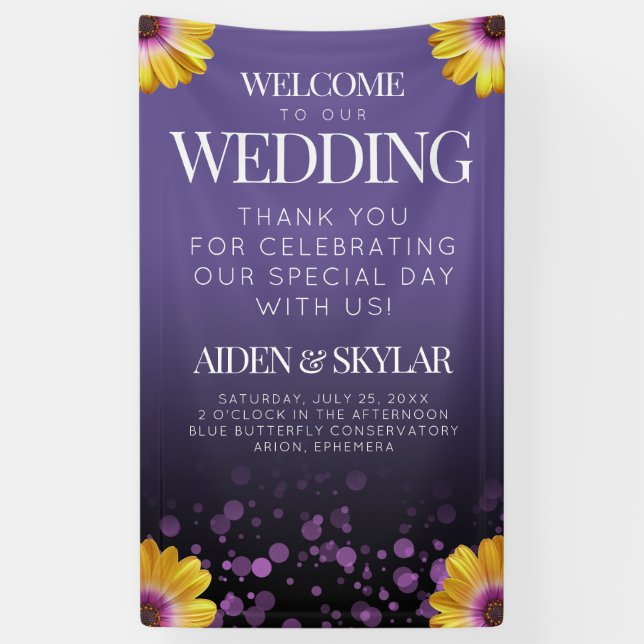 Elegant Daisies Lila Glitzer Begrüßung Banner (Vertikal)