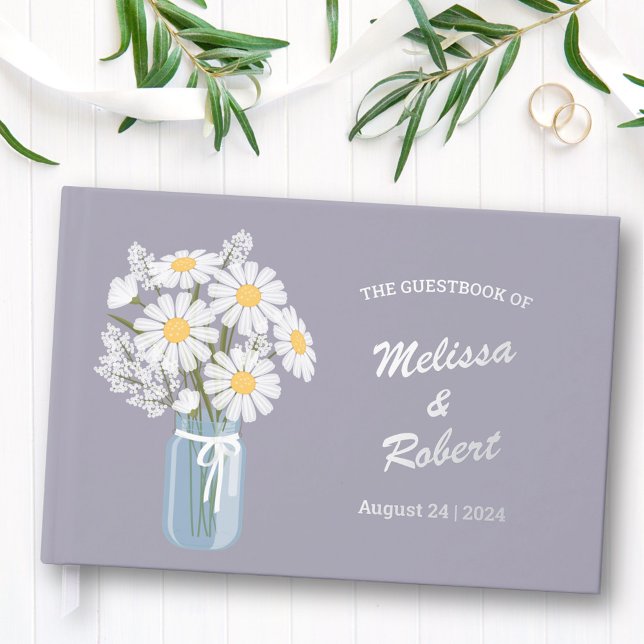 Elegant Daisies Mason Jar Wedding Foil Lavender Gästebuch (Von Creator hochgeladen)
