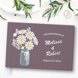 Elegant Daisies Mason Jar Wedding Foil Lila Gästebuch
