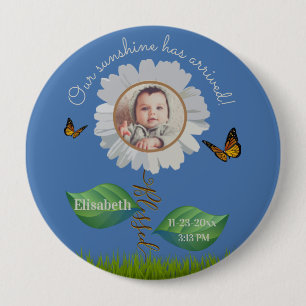 Elegant Daisy Blue Floral Niedlich Baby Foto & Nam Button