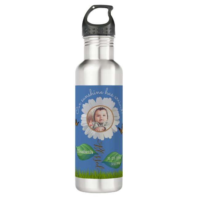 Elegant Daisy Blue Floral Niedlich Baby Foto & Nam Edelstahlflasche (Vorderseite)