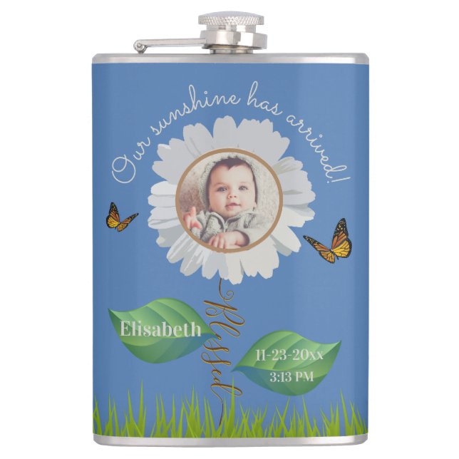 Elegant Daisy Blue Floral Niedlich Baby Foto & Nam Flachmann (Vorderseite)