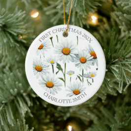 Elegant Daisy Boho Floral First Christmas Keramik Ornament