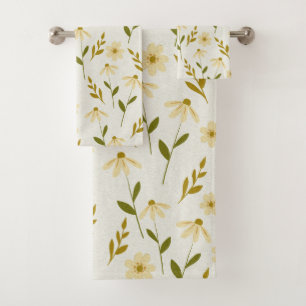 Elegant Daisy Floral Design Elfenbeingrüne Zweigst Badhandtuch Set