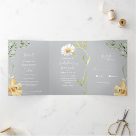 Elegant Daisy | Graue Dreifachloffung Dreifach Gefaltete Einladung