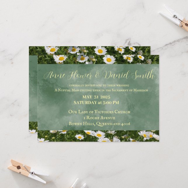 Elegant Daisy Green Katholic Wedding Einladung (Vorderseite/Rückseite Beispiel)