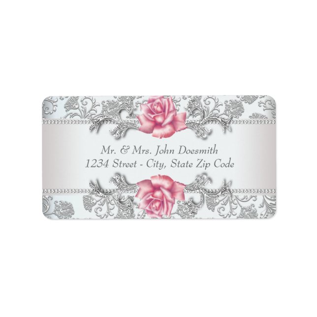 Élégant Damas et Étiquettes de adresse roses (Devant)