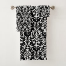 Élégant Damas Floral Blanc Classique Sur Noir