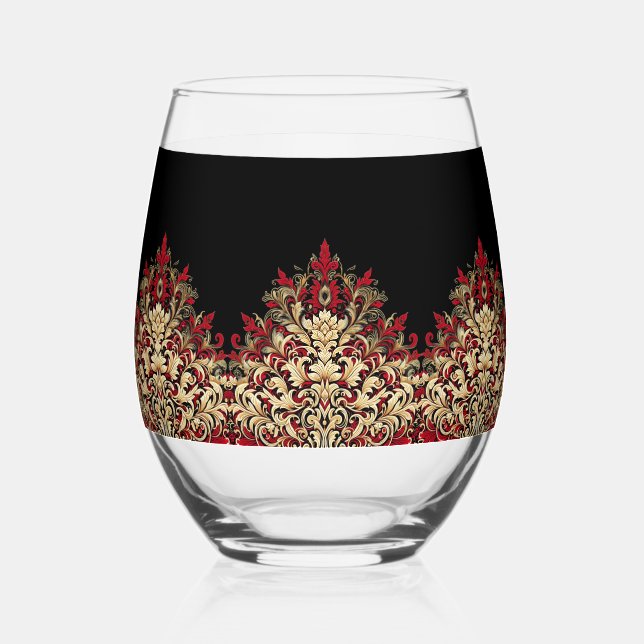 Elegant Damask Black Red and Gold Pattern Weinglas Ohne Stiel (Vorderseite)