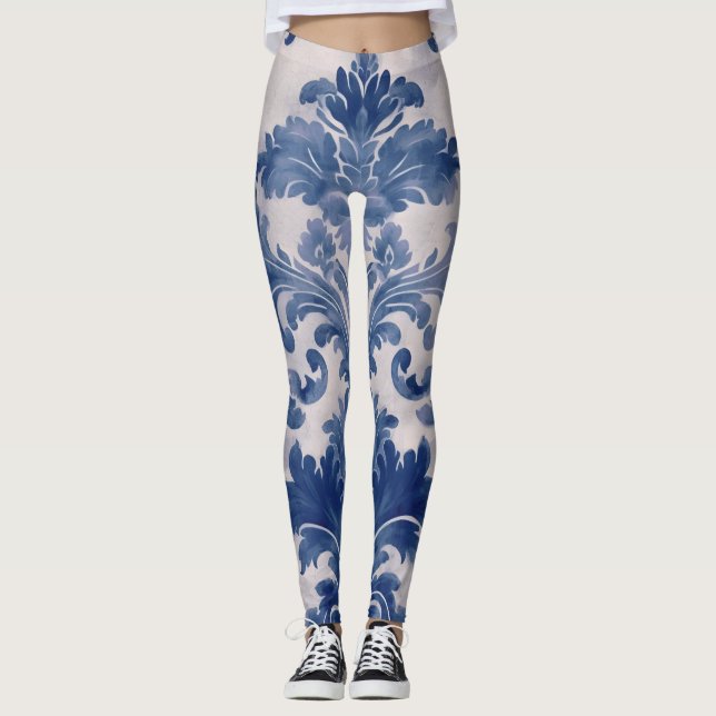 Elegant Damask Blue Toile de jouy Leggings (Vorderseite)