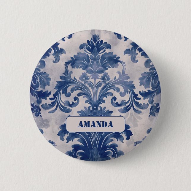 Elegant Damask Blue toile de jouy monogram Button (Vorderseite)