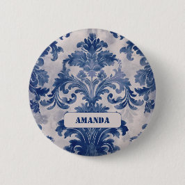 Elegant Damask Blue toile de jouy monogram Button