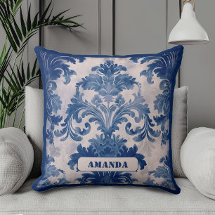 Elegant Damask Blue toile de jouy monogram Kissen