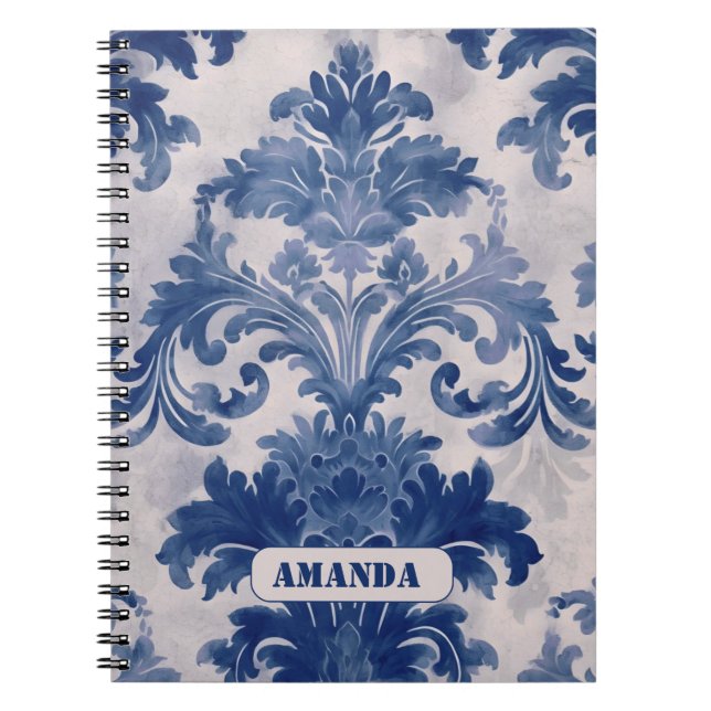 Elegant Damask Blue toile de jouy monogram Notizblock (Vorderseite)