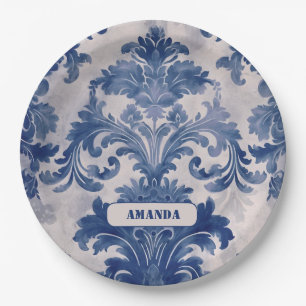 Elegant Damask Blue toile de jouy monogram Pappteller