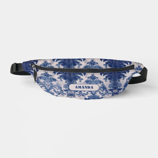 Elegant Damask Blue toile de jouy monogram Sling B Bauchtasche (Vorderseite)
