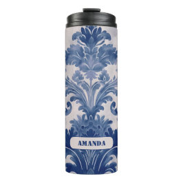 Elegant Damask Blue toile de jouy monogram Thermosbecher