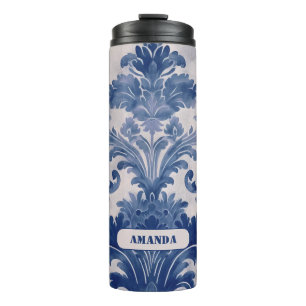 Elegant Damask Blue toile de jouy monogram Thermosbecher