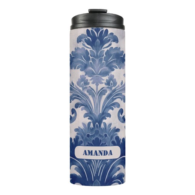 Elegant Damask Blue toile de jouy monogram Thermosbecher (Vorderseite)