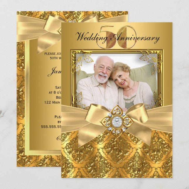Elegant Damask & Bow Foto Gold 50 Jahre Einladung (Vorne/Hinten)