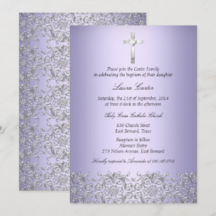 Elegant Damask Cross Lila Taufe/Christening Einladung