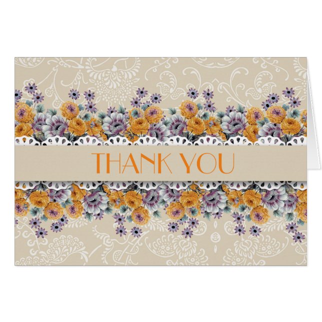 Elegant Damask Garden Blume Beige Danke Karte (Vorderseite (Horizontal))