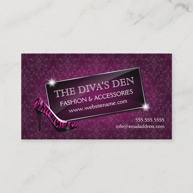 Elegant Damask Glass Jewel und Zebra Stiletto Visitenkarte (Vorderseite)