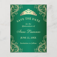 Elegant Damask Green Quinceanera Save the Date