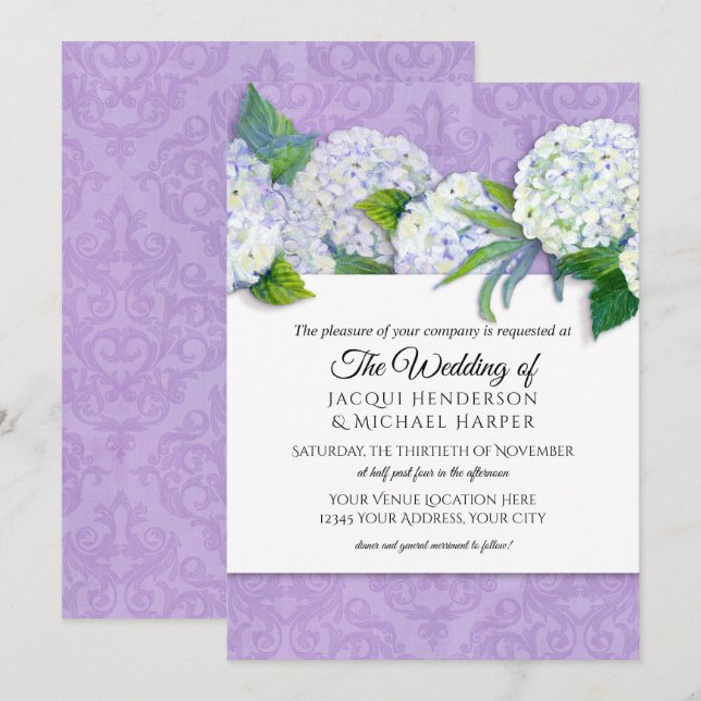 Elegant Damask Lavender n White Hydrangea Floral Einladung (Vorne/Hinten)