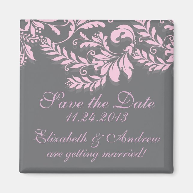Elegant Damask Leaf Swirl Speichern Sie das Datums Magnet (Vorne)