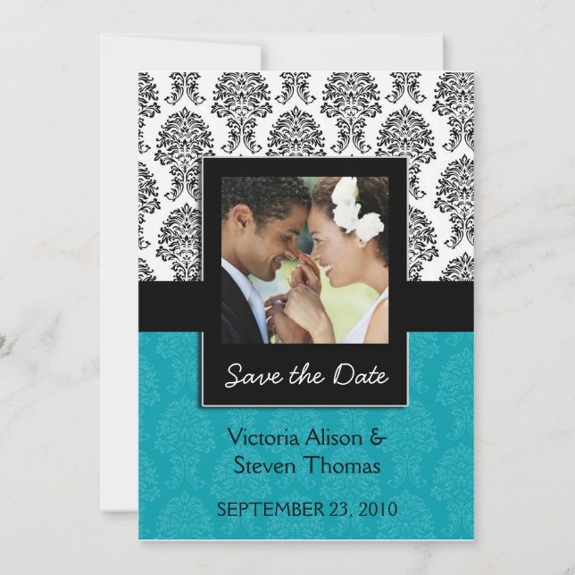 Elegant Damask Liebhaber Hochzeit (Türkis) Save The Date (Vorderseite)