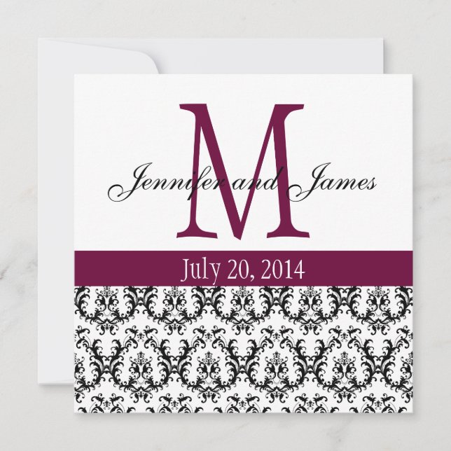 Elegant Damask Monogram Wedding Invitation Wine Einladung (Vorderseite)