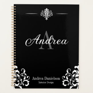 Elegant Damask Monogrammed Black and white Office Planer